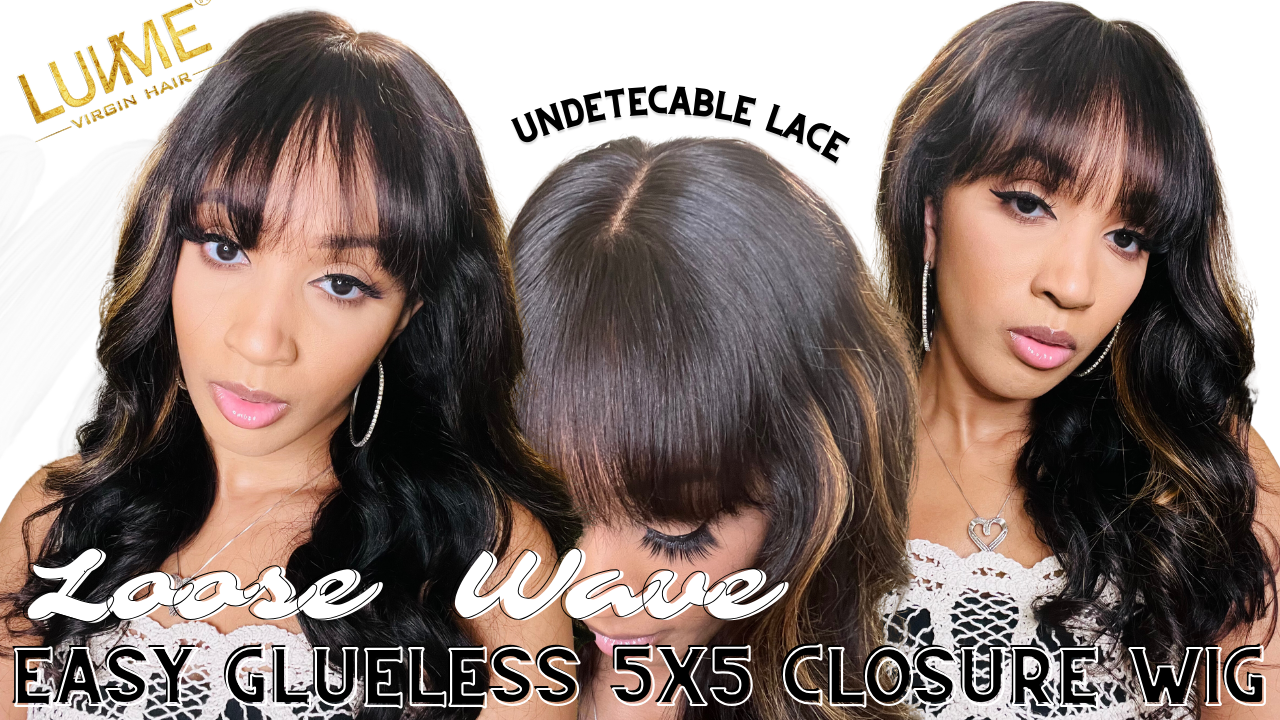 Loose Wave 5x5 Closure Lace Glueless Long Wig with Cute Bangs